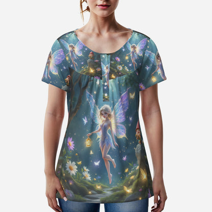 Fairy-themed t-shirt with glowing wings and gnomes.