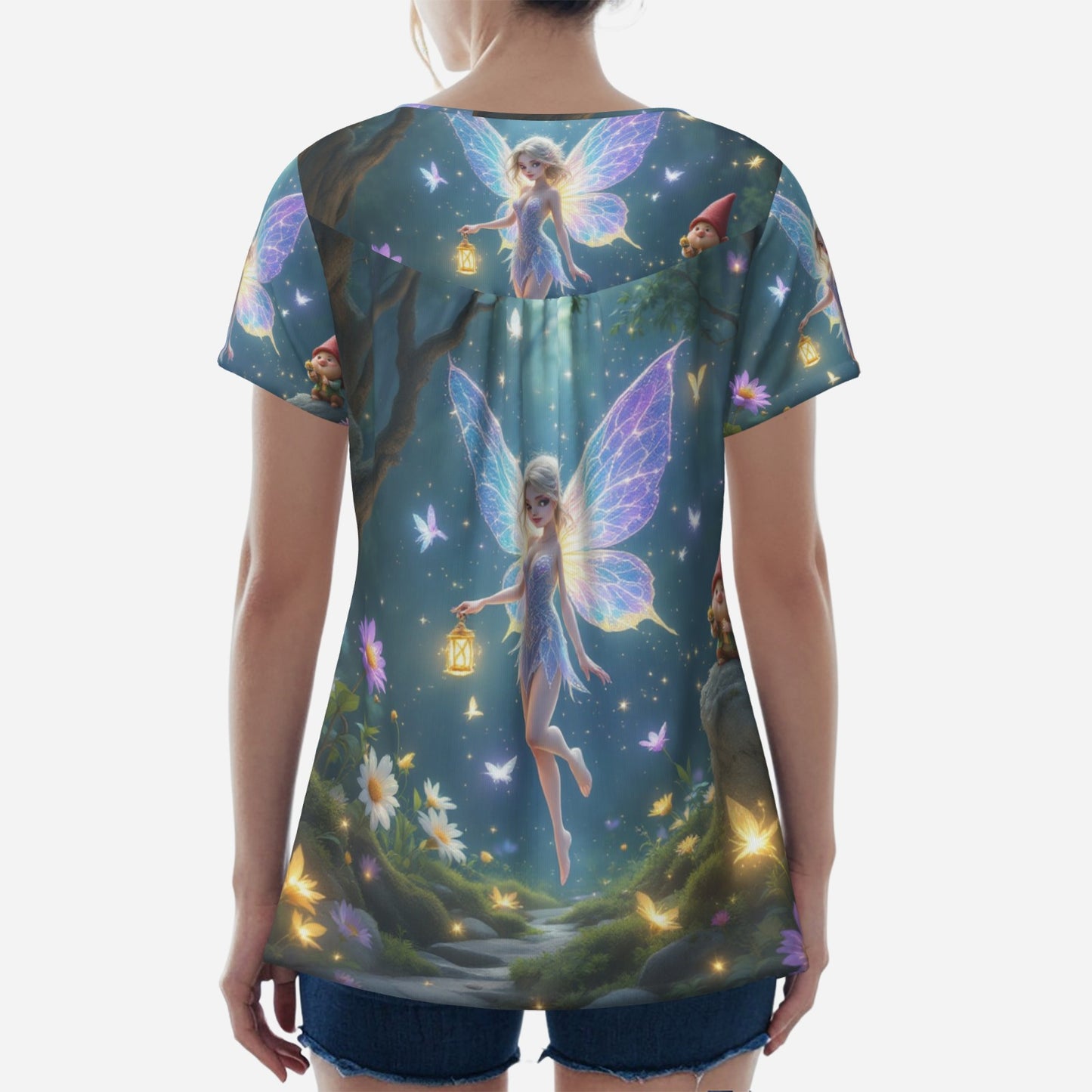 Fairy-themed t-shirt with glowing wings and gnomes.