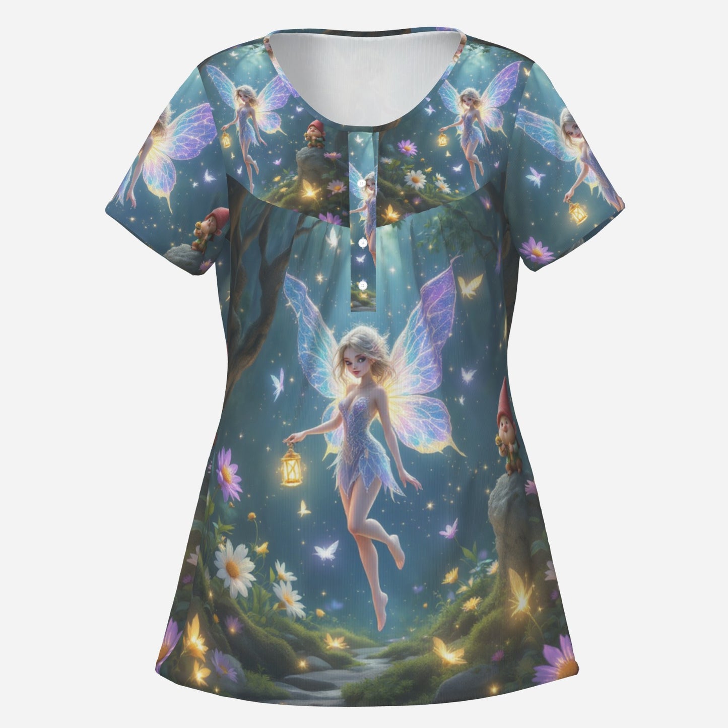 Fairy-themed t-shirt with glowing wings and gnomes.