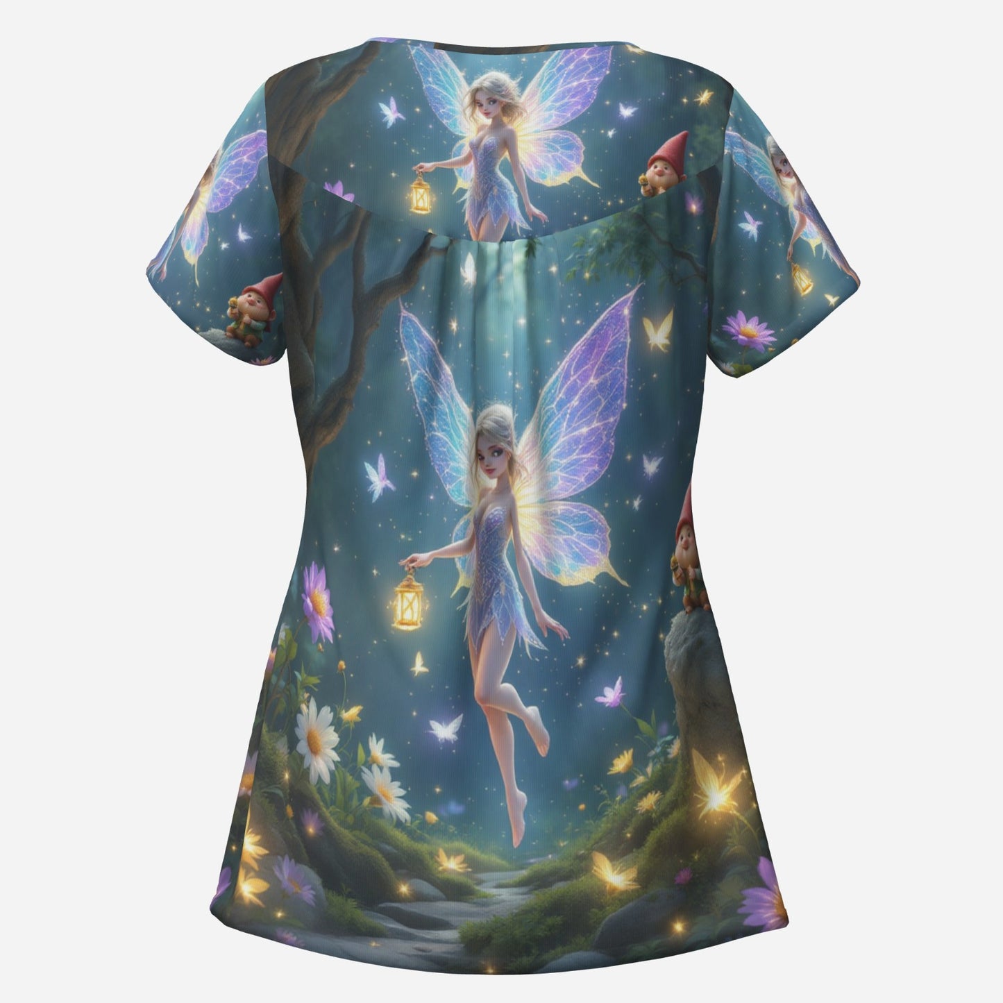 Fairy-themed t-shirt with glowing wings and gnomes.