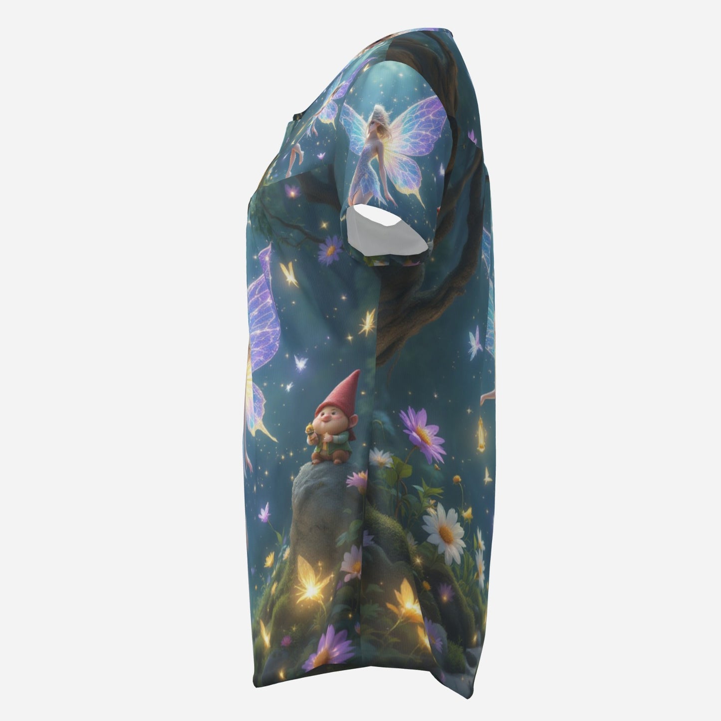 Fairy-themed t-shirt with glowing wings and gnomes.