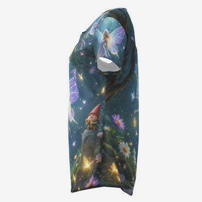 Fairy-themed t-shirt with glowing wings and gnomes.