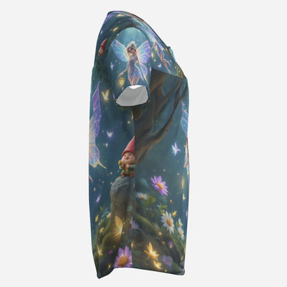 Fairy-themed t-shirt with glowing wings and gnomes.