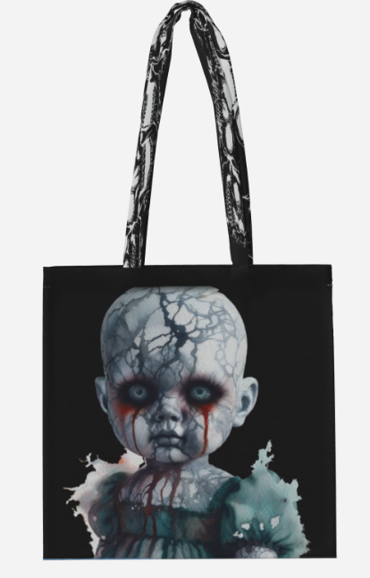 Cracked porcelain doll, haunting eyes, bleeding tears, eerie gothic presence.