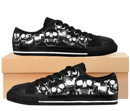Goth Laughing Skulls Low-Top Sneakers – Black & White