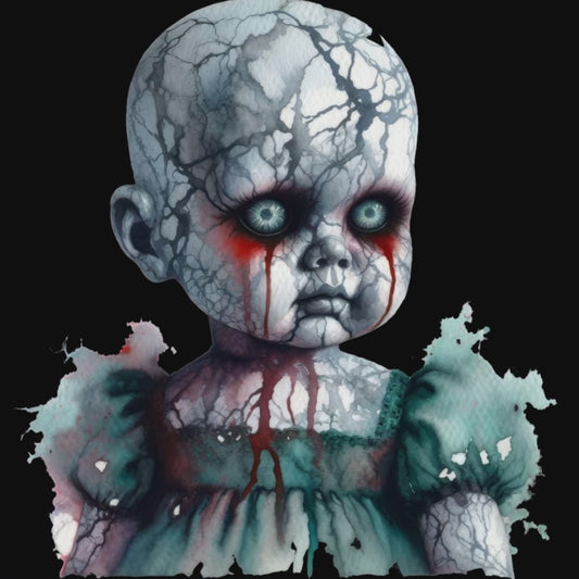 Cracked porcelain doll, haunting eyes, bleeding tears, eerie gothic presence.